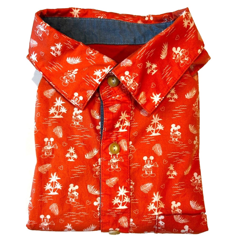 Disney Parks Hawaiian Button‎ Down Short Sleeve Shirt Medium Mickey Mouse Orange